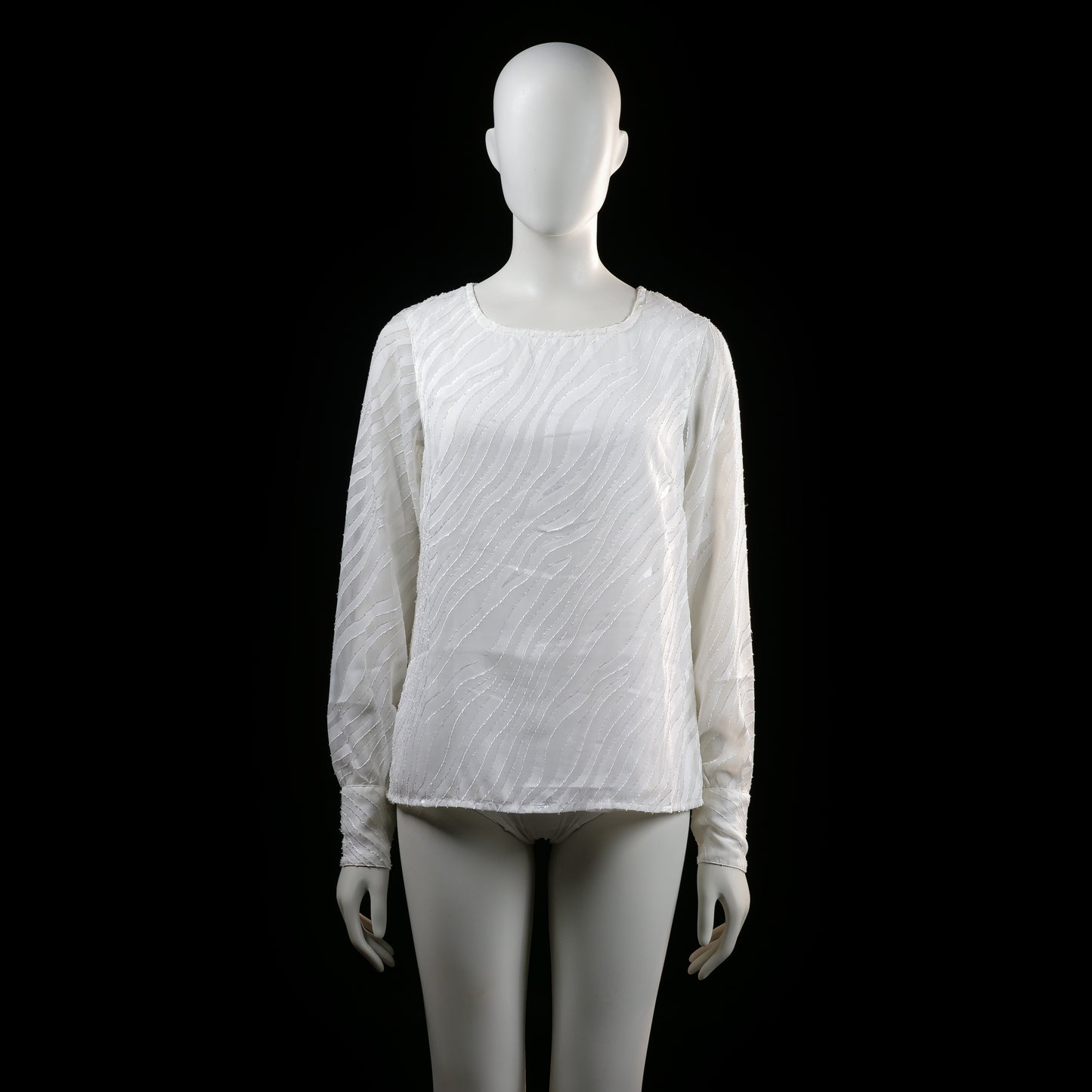 .Object - Blouse - White - Size 38 - (NEW) - Long-sleeved white blouse with a subtle wavy textured pattern and a round neckline. Features cuffed sleeves with buttons and a small slit opening at the upper back.