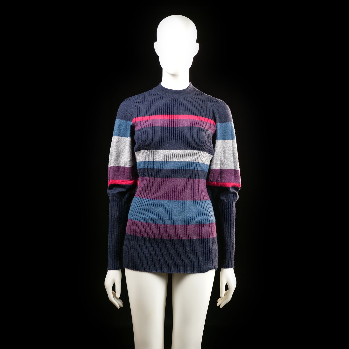 Nopples - Sweater - Multicolored - Size L - (NEW) - Ribbed knit sweater with horizontal multicolored stripes and slightly puffed long sleeves. Features a crew neckline and a fitted silhouette that extends past the hips.
