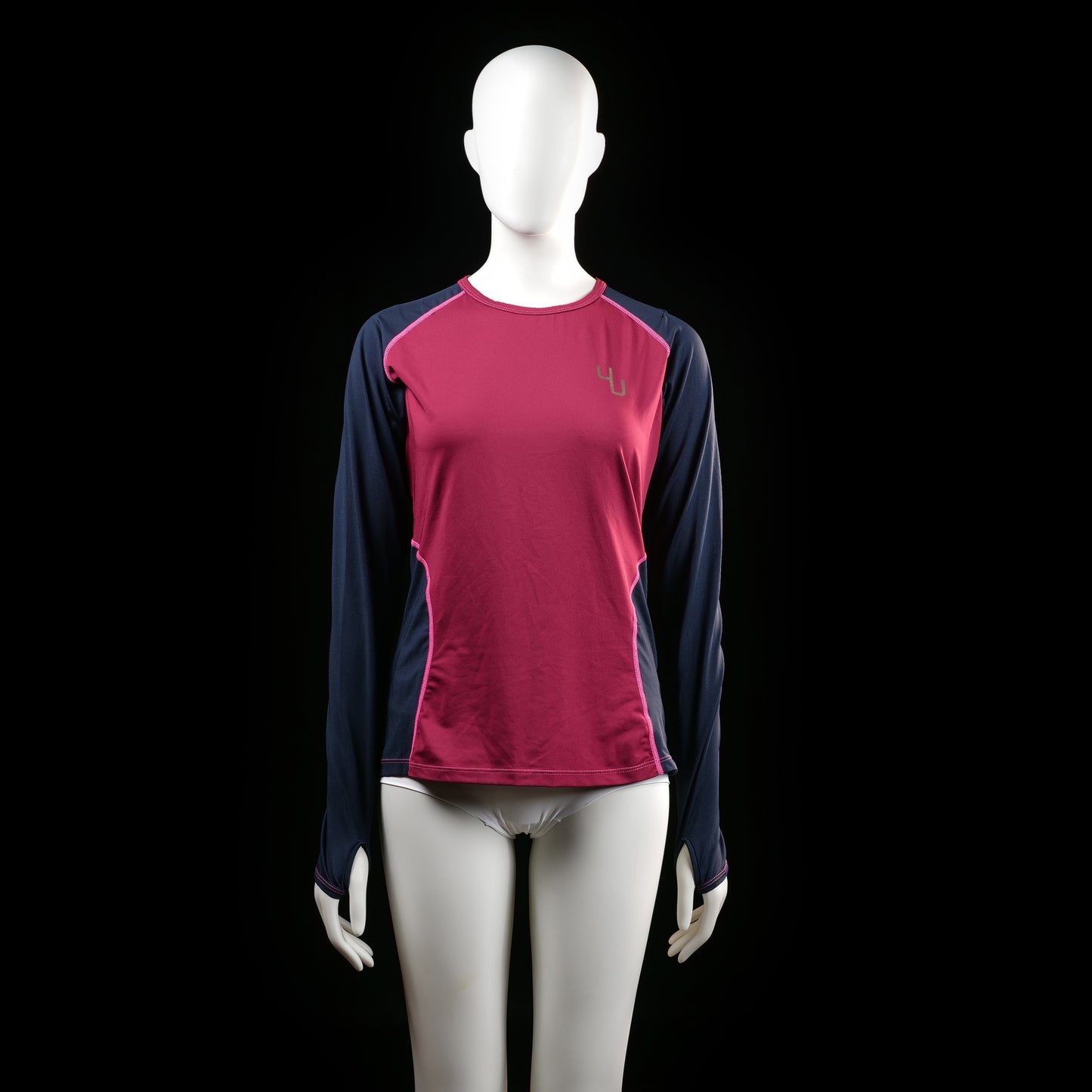4U Sport - Long-sleeve top - Burgundy & Navy - Size S - Color-blocked long sleeve top with a magenta front and back panel, and navy sleeves and side panels. Features raglan sleeves and contrast piping along the seams.