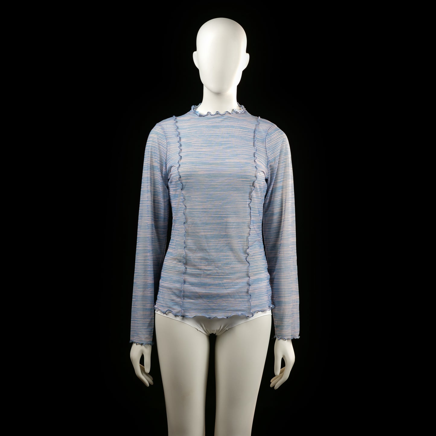 Next - Long-sleeve top - Multicolored - Size 42 - (NEW) - Multicolored horizontal striped long-sleeve top with visible lettuce-edge seams and ruffled hems at the collar, cuffs, and hemline. Features overlock stitch detailing running vertically down the front, sides, and back.