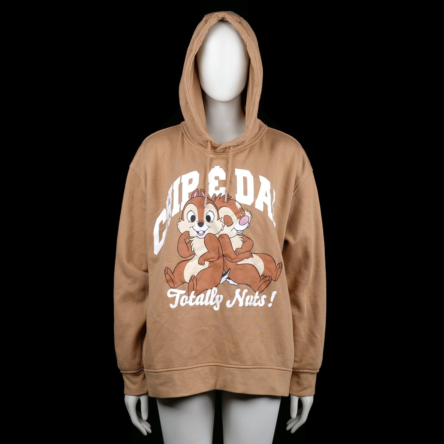 Disney Classics - Hoodie - Camel - Size XL - Camel-colored hoodie with a large print of Chip and Dale cartoon characters on the front and bold white text reading “Chip & Dale Totally Nuts!”. Features a drawstring hood and ribbed cuffs.