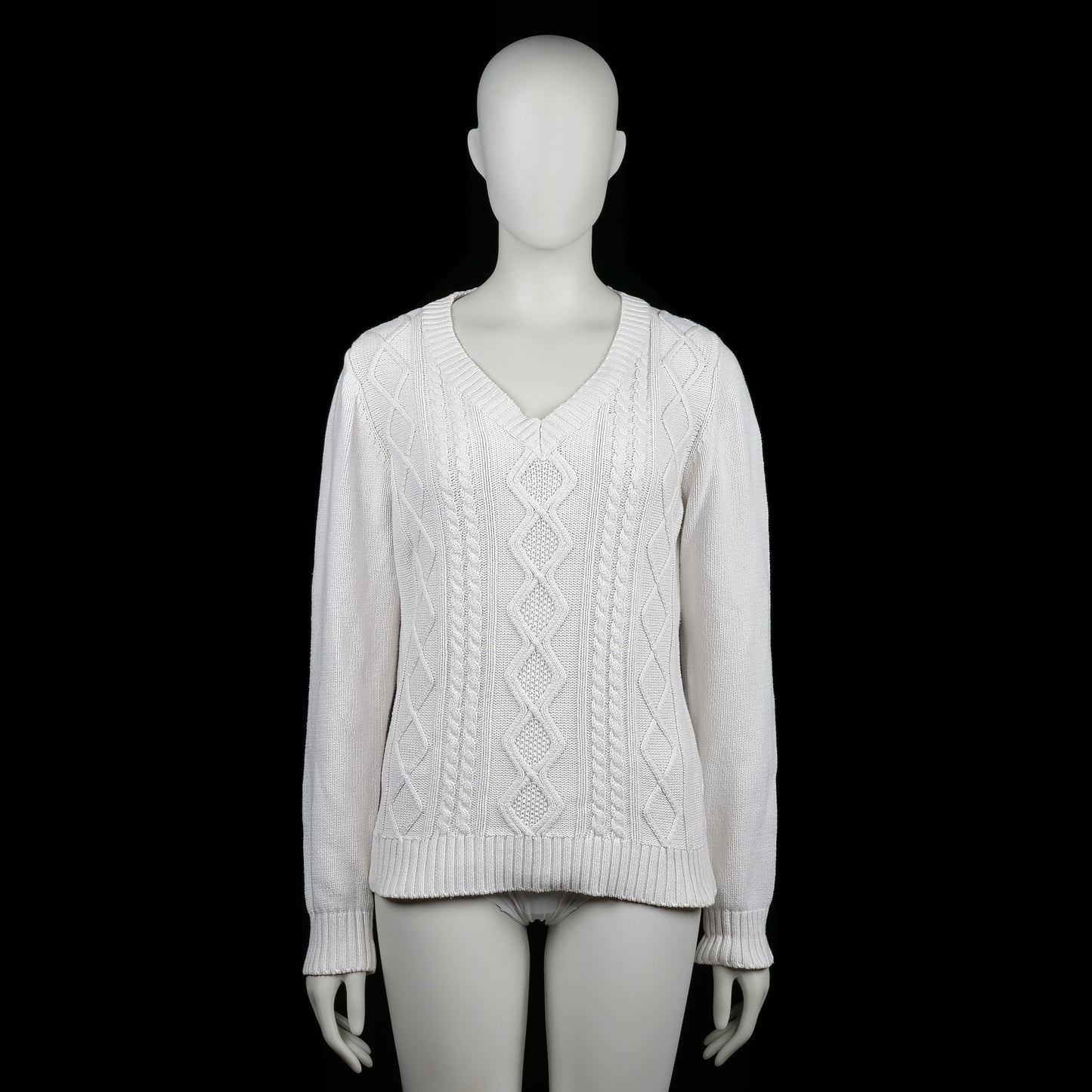 Ellos - Sweater - White - Size 42, 44 - White cable knit sweater with a V-neckline and ribbed cuffs and hem. Front features a textured diamond knit pattern.