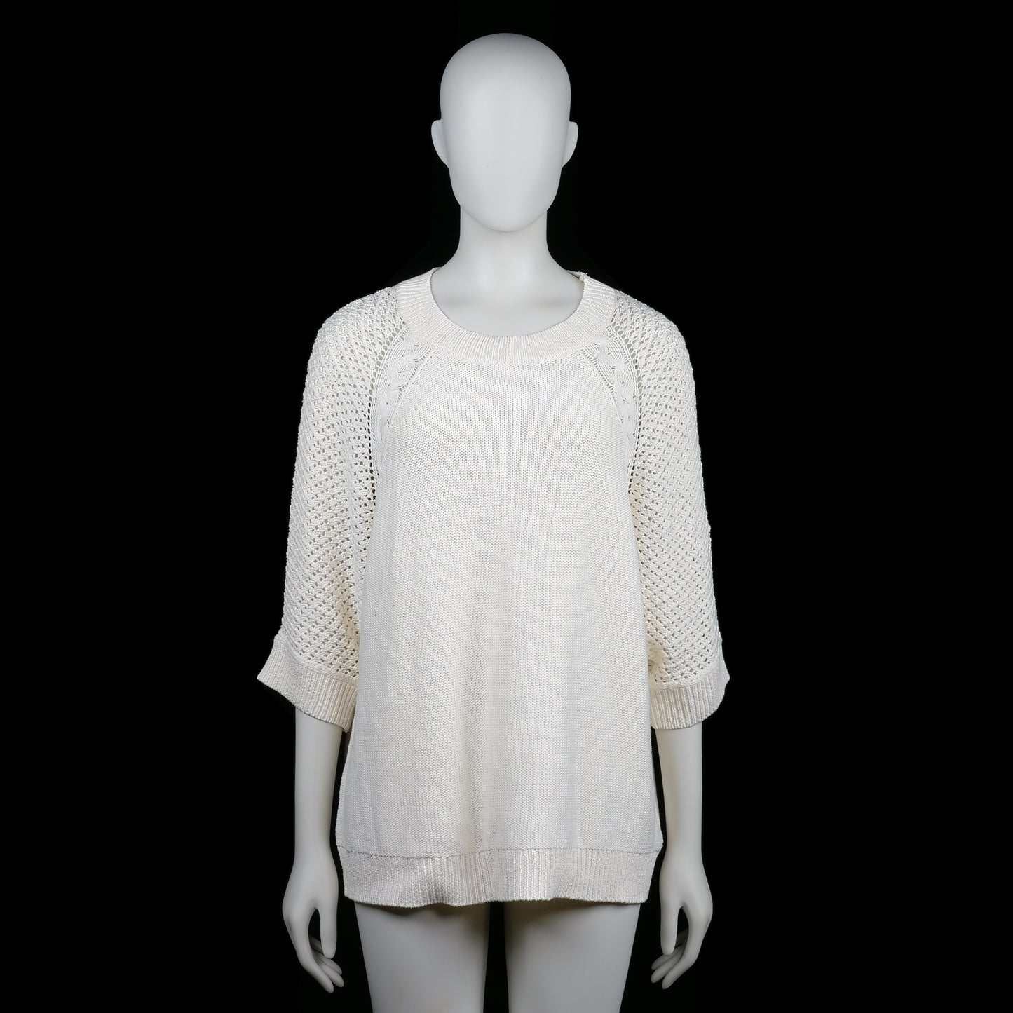 Pescara - Sweater - Ivory - Size XL - Ivory knitted sweater with three-quarter sleeves featuring a textured open-knit pattern. Ribbed hem, cuffs, and neckline add subtle detailing.