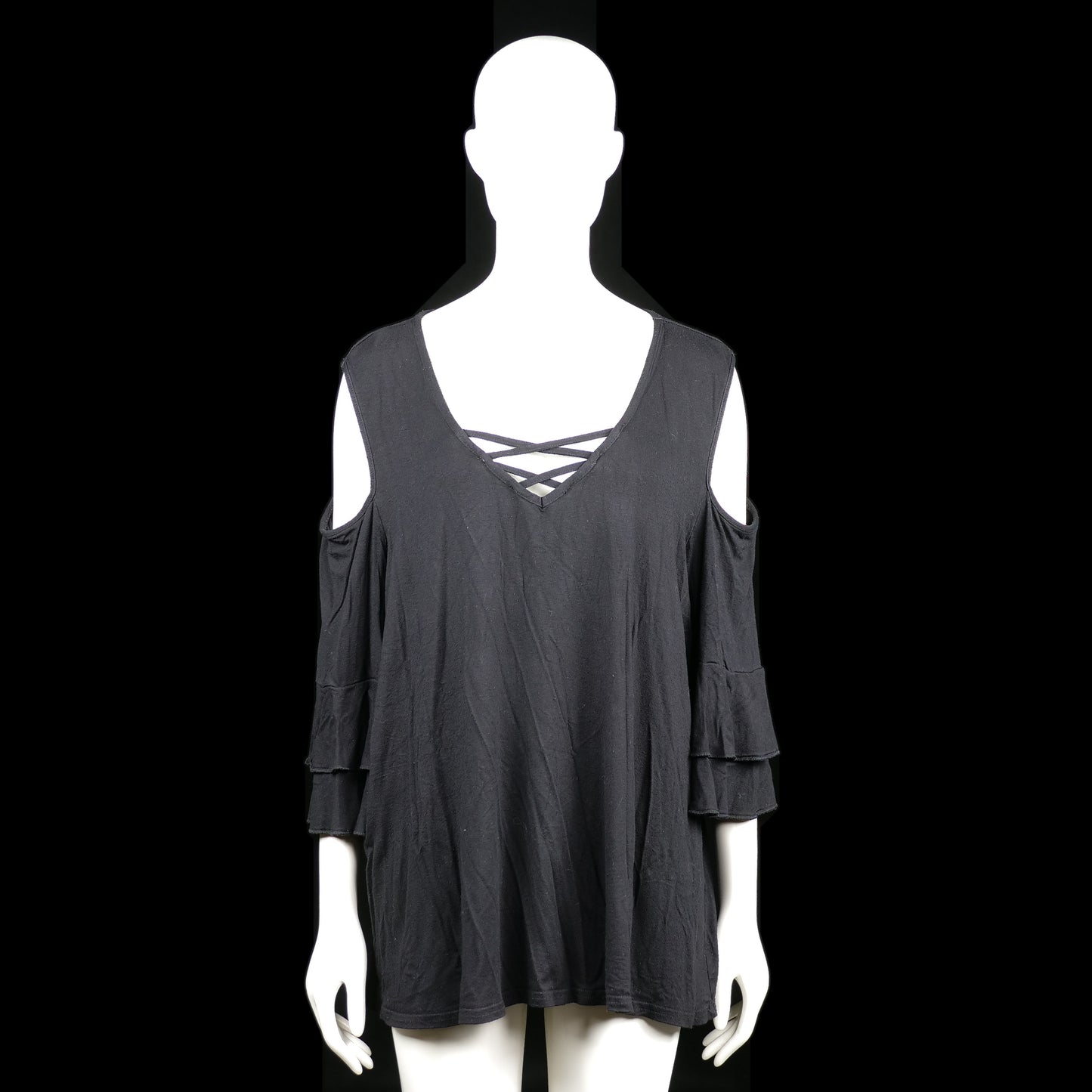 Ms Mode - Tunic - Black - Size 2XL - Black cold-shoulder tunic with crisscross straps at the deep V-neckline. Features tiered flared cuffs and a relaxed fit.
