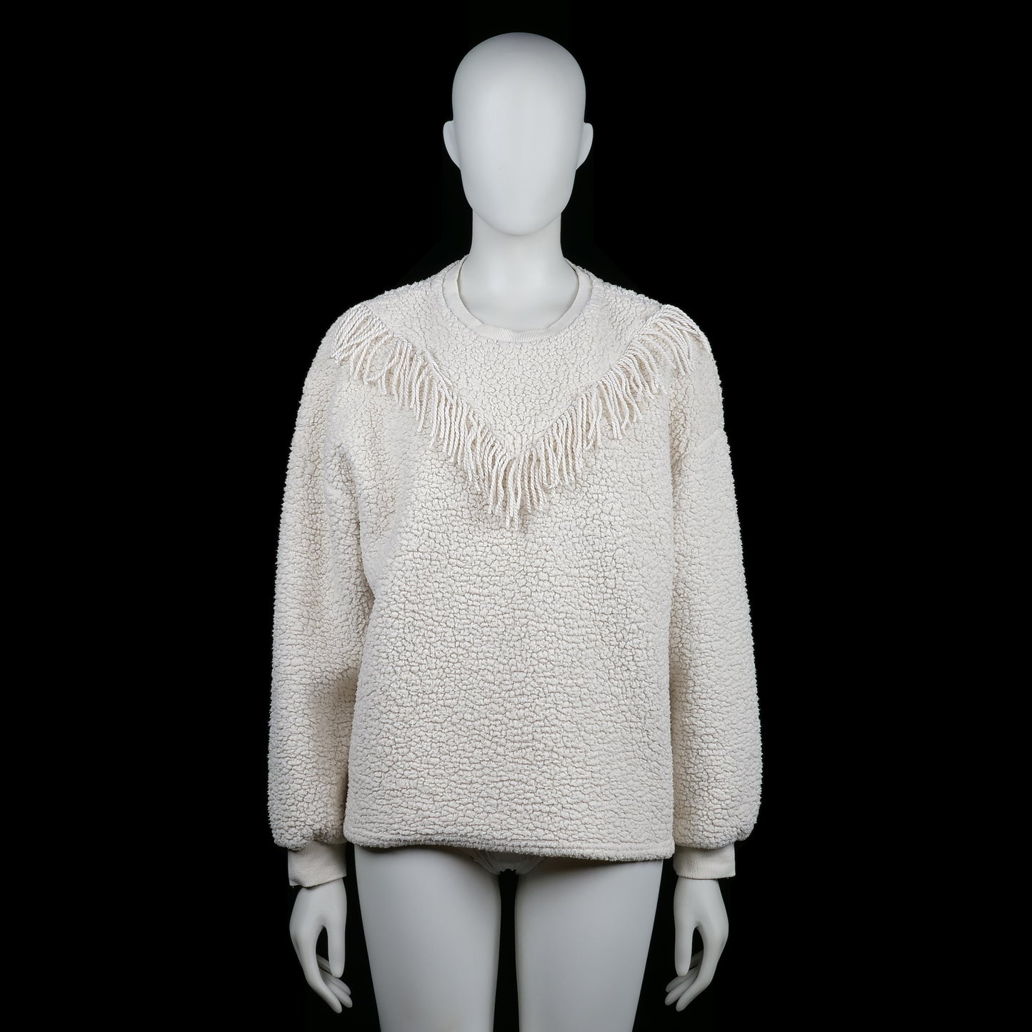 Women Secret - Sweatshirt - Ivory - Size M - Ivory sherpa-style sweatshirt with textured fleece surface and fringe detail forming a chevron shape across the chest. Features ribbed cuffs and a round neckline.