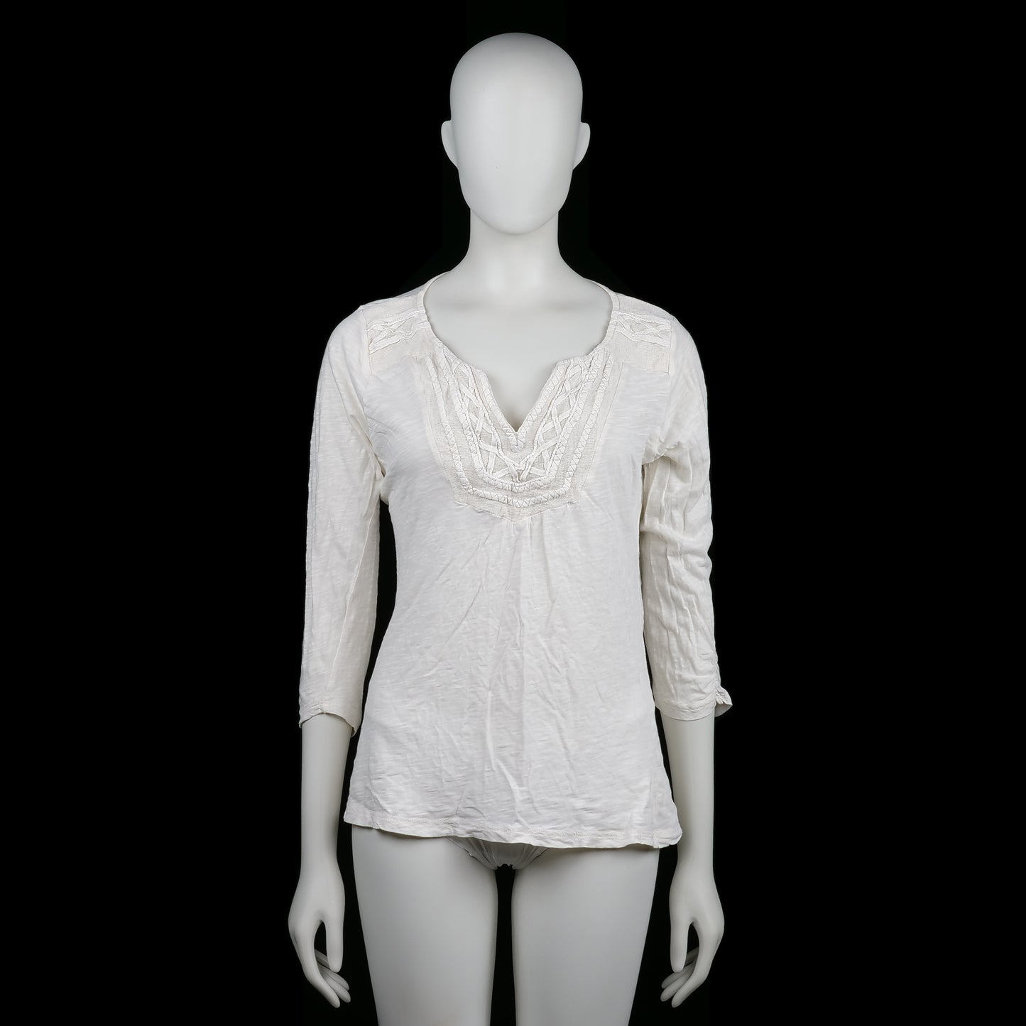 Lucky Brand - Blouse - White - Size M - White blouse with a V-neckline featuring embroidered detailing around the chest area. Designed with three-quarter sleeves and a straight hem.