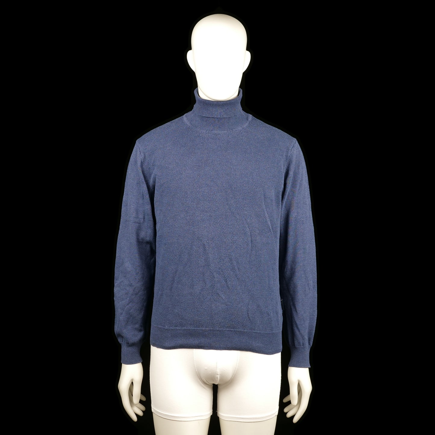 Baileys - Turtleneck - Denim Blue - Size XL - Solid denim blue turtleneck with ribbed cuffs and a ribbed straight hem. The body features a subtle textured knit pattern throughout.