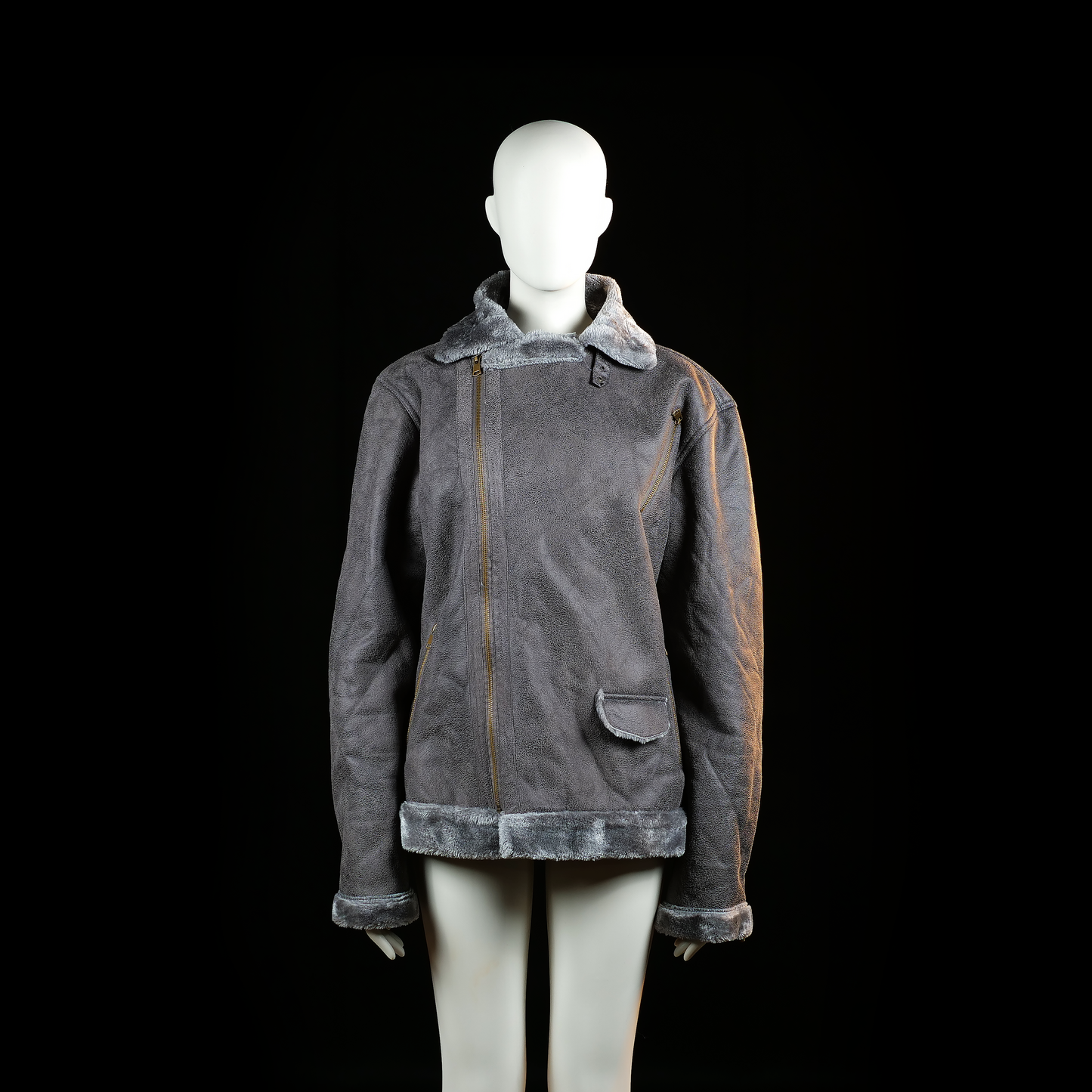 Fur jacket - Dark Gray - Size L - Asymmetric zip front jacket with visible shearling trim on the collar, cuffs, and hem. Features angled zip pockets and a flap pocket on the front.