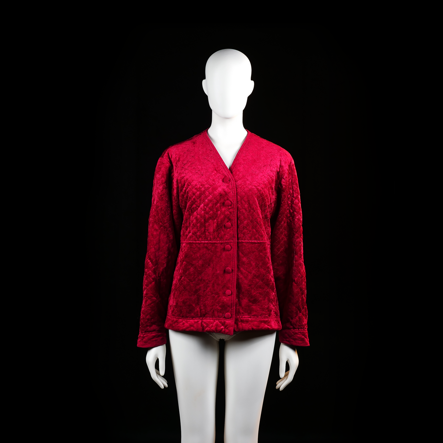 Cotton Club - Padded jacket - Red - Size M - Quilted texture throughout with a deep V-neckline and fabric-covered front buttons. Straight hem and visible horizontal seam at the waist level.