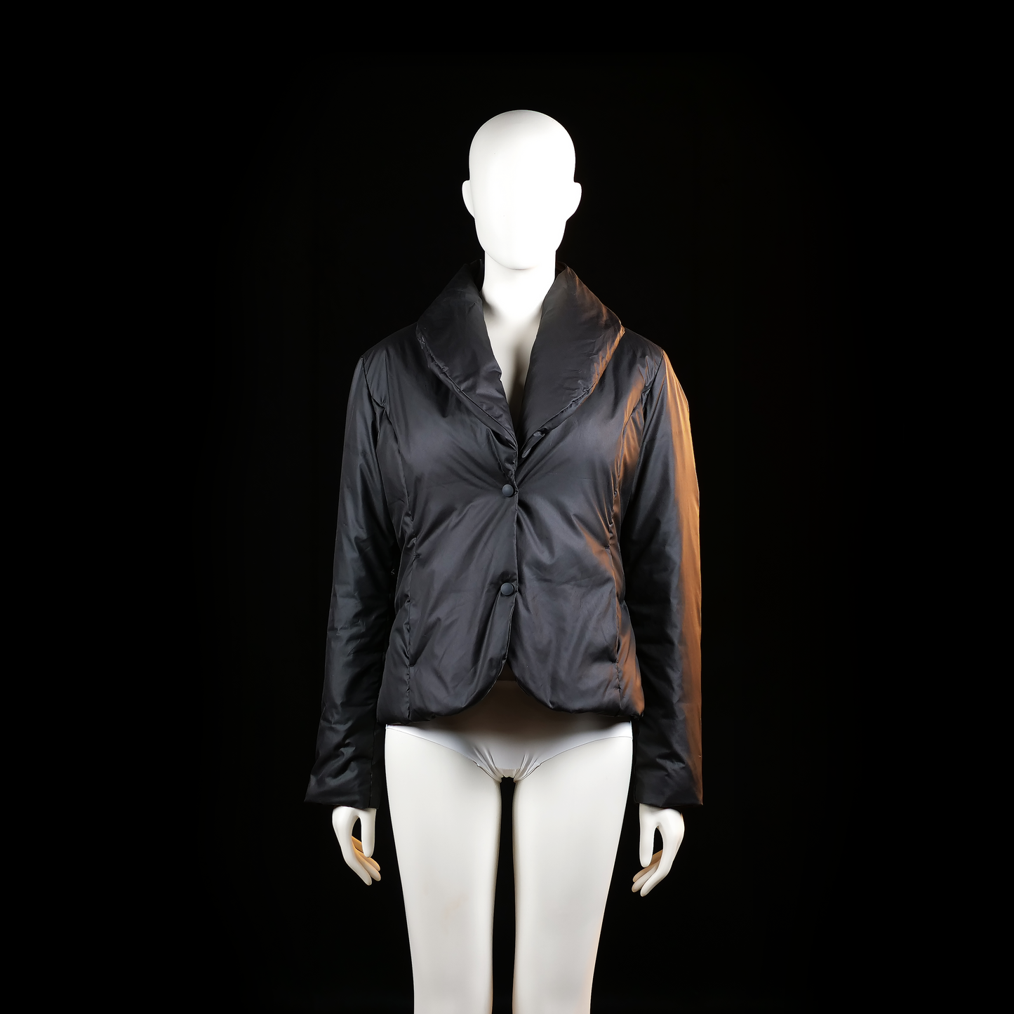 Sisley - Padded jacket - Black - Size M - Cropped padded jacket with a high wide lapel collar and a three-button front closure. Light horizontal seam detailing is visible across the back and sides.