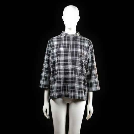 Jean Pascale - Blouse - Black & White - Size L - Plaid patterned top with a boxy fit, 3/4-length sleeves, and a mock neck. No visible closures or embellishments.