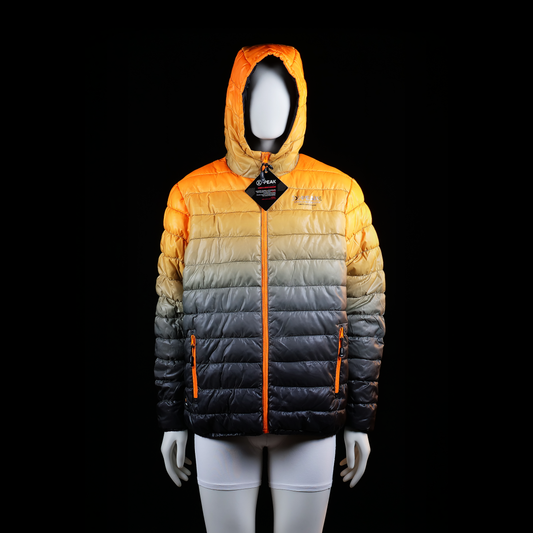 X-peak - Padded jacket - Orange & Black - Size L - (NEW) - Hooded puffer jacket with horizontal quilted sections and a full front zip closure. Features a gradient color transition from orange at the top to black at the bottom with matching orange zippers on the front pockets.
