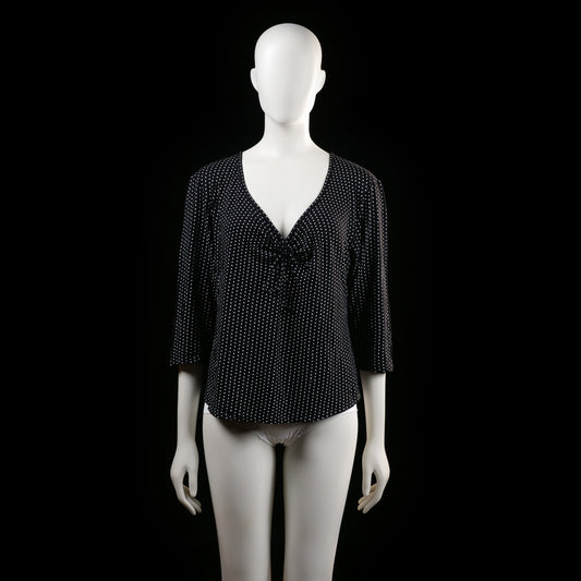 Swesco - Blouse - Black & White - Size XL - Black V-neck blouse with a gathered knot detail at the bust and all-over small white dotted print. Features 3/4-length sleeves and a slightly curved hem.