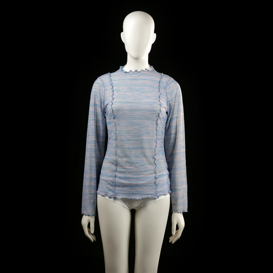 Next - Long-sleeve top - Multicolored - Size 42 - (NEW) - Multicolored horizontal striped long-sleeve top with visible lettuce-edge seams and ruffled hems at the collar, cuffs, and hemline. Features overlock stitch detailing running vertically down the front, sides, and back.