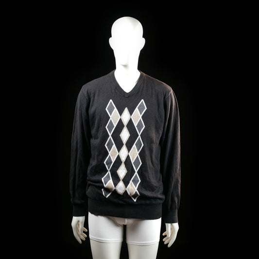 Arnold Palmer - Sweater - Black & White & Beige - Size L - Black V-neck sweater with an argyle diamond pattern on the front in white and beige. Ribbed cuffs and hem.