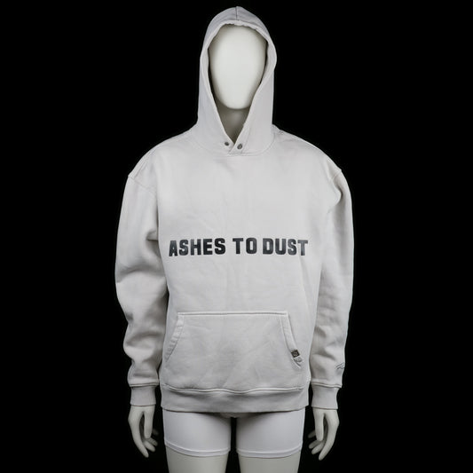 Ashes to Dust - Hoodie - Ivory & Black - Size XL - Ivory hoodie with a front chest print reading "ASHES TO DUST" in bold black letters. Features a front kangaroo pocket, ribbed hem and cuffs, and a signature print on the left sleeve.