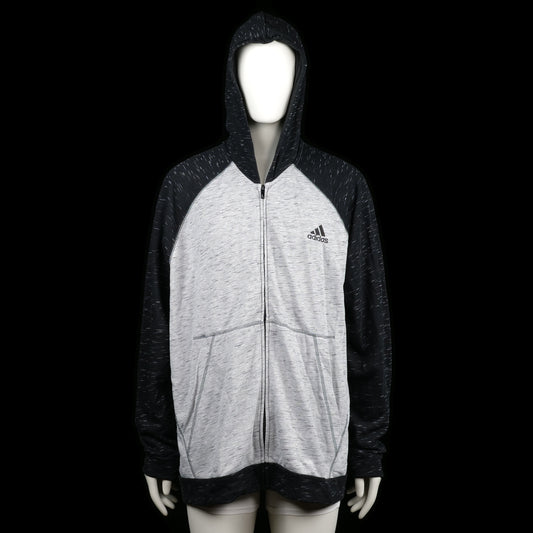 Adidas - Hoodie - Light Gray & Black - Size 2XL - Zip-up hoodie with light gray body and black sleeves and hood, featuring subtle white speckling throughout. Includes front kangaroo pockets and a straight hem.
