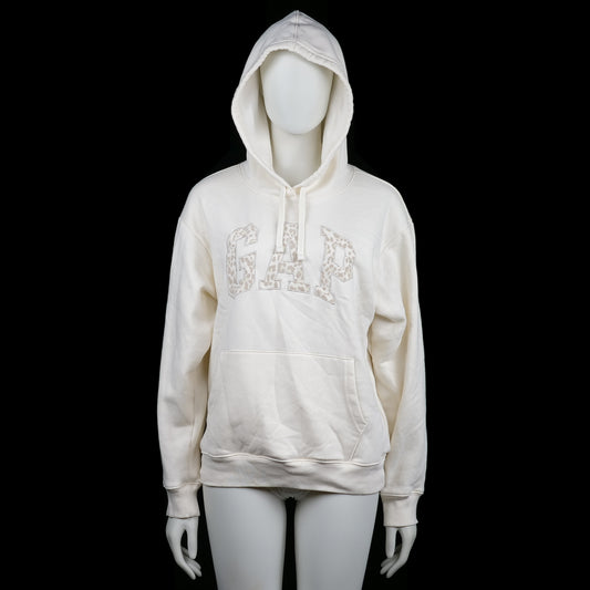 GAP - Hoodie - Ivory - Size S - Ivory hoodie with a front kangaroo pocket and ribbed cuffs and hem. The chest features "GAP" lettering filled with a subtle leopard print.