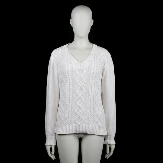 Ellos - Sweater - White - Size 42, 44 - White cable knit sweater with a V-neckline and ribbed cuffs and hem. Front features a textured diamond knit pattern.
