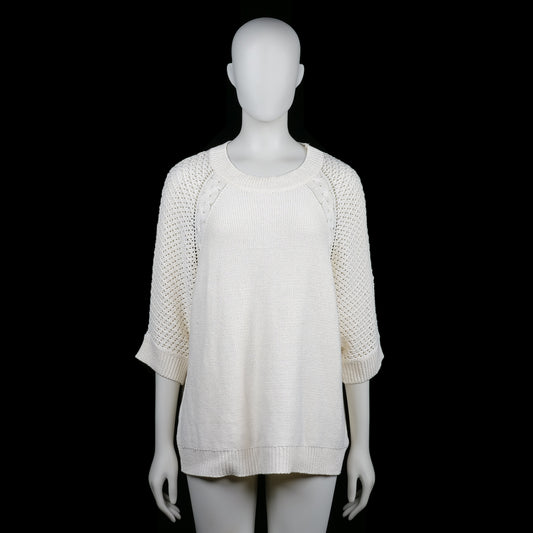 Pescara - Sweater - Ivory - Size XL - Ivory knitted sweater with three-quarter sleeves featuring a textured open-knit pattern. Ribbed hem, cuffs, and neckline add subtle detailing.