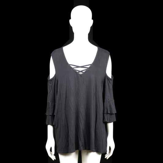 Ms Mode - Tunic - Black - Size 2XL - Black cold-shoulder tunic with crisscross straps at the deep V-neckline. Features tiered flared cuffs and a relaxed fit.