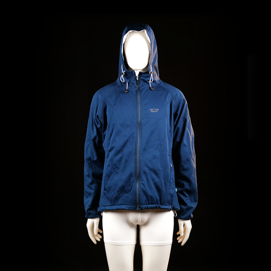 On The Peak - Windbreaker - Navy - Size 44 - Lightweight hooded jacket with adjustable drawcords at the hood and hem. Features a full front zipper, zippered side pockets, and subtle vertical texture on the fabric.