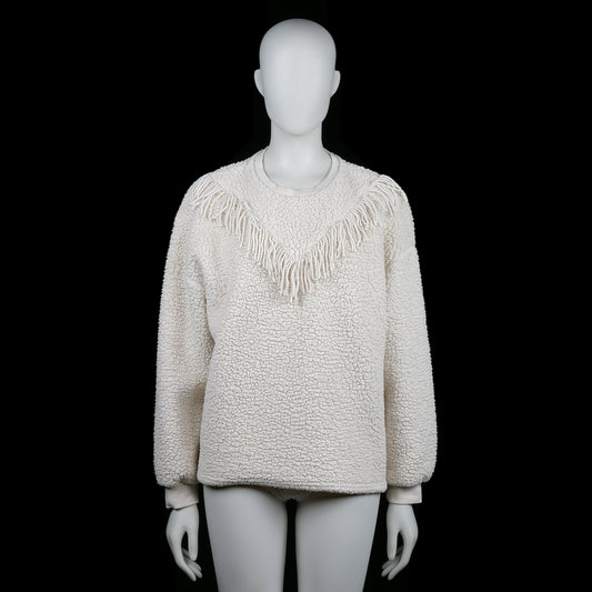 Women Secret - Sweatshirt - Ivory - Size M - Ivory sherpa-style sweatshirt with textured fleece surface and fringe detail forming a chevron shape across the chest. Features ribbed cuffs and a round neckline.