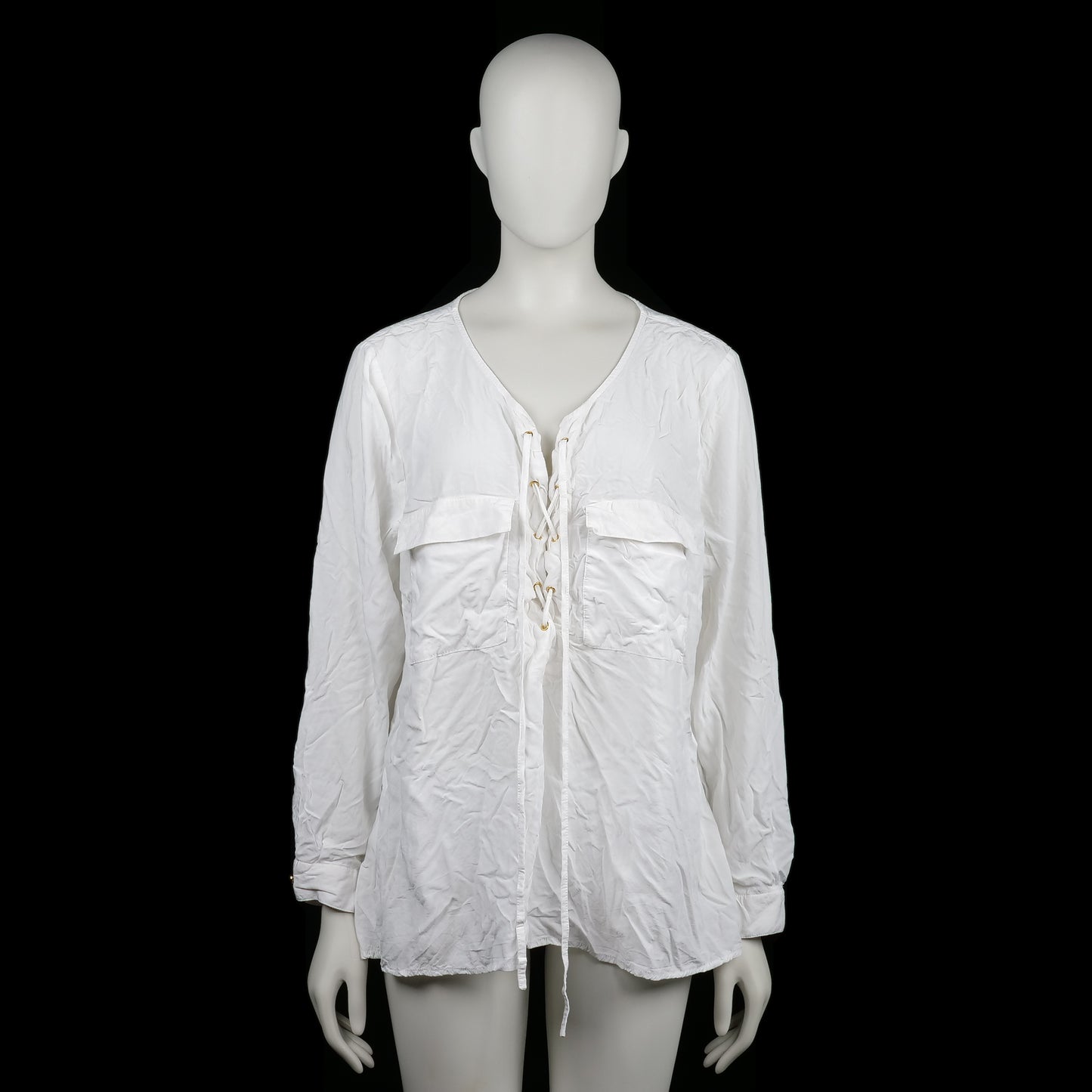 Cellbes - Blouse - White - Size 50, 52 - White blouse with a front lace-up closure through metal eyelets and two flap chest pockets. Features a V-neckline, buttoned cuffs, and a straight hem.