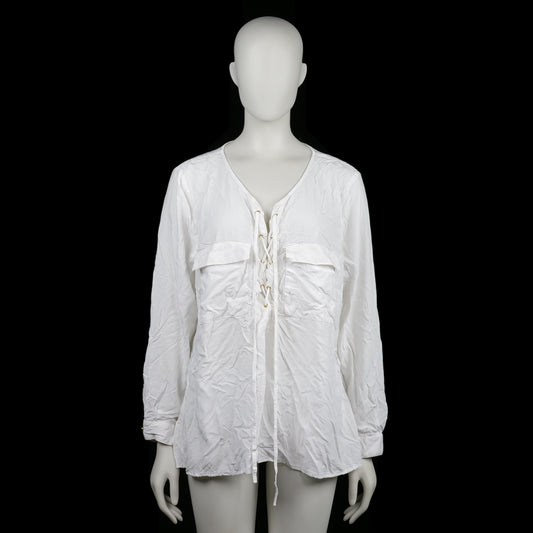 Cellbes - Blouse - White - Size 50, 52 - White blouse with a front lace-up closure through metal eyelets and two flap chest pockets. Features a V-neckline, buttoned cuffs, and a straight hem.