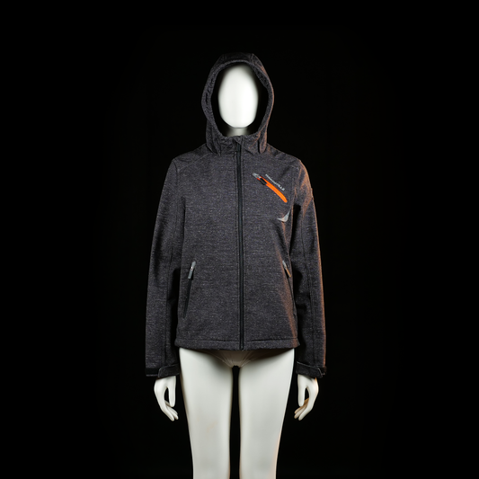 Northville - Sport jacket - Dark Gray & Orange - Size 164 - Hooded zip-front jacket with a dark heathered texture and a distinct orange zippered chest pocket. Reflective details appear on the front left chest, left sleeve, and lower back.