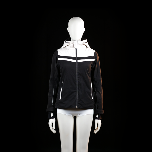 Everest - Windbreaker - Black & White - Size 158 - Color-blocked zip-up jacket with a hood, featuring a white upper section and chest stripe, white zippered pockets, and adjustable cuffs. Slightly curved back hem adds coverage.