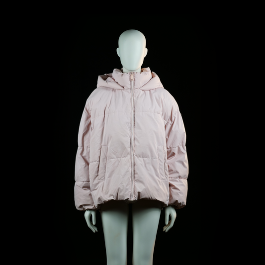 Primark - Padded jacket - Light Pink - Size XL - Light pink puffer jacket with a front zip closure, large padded hood, and two slanted side pockets. Features horizontal quilting and elasticized cuffs.