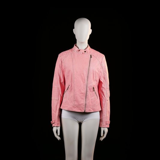 Pescara - Biker jacket - Pink - Size L - Light pink jacket with an asymmetrical front zipper and stand collar with snap closure. Features zippered side pockets and stitched detail on the shoulders and elbows.