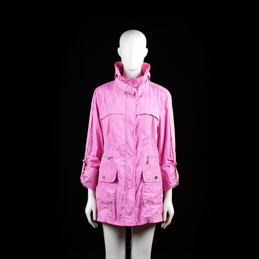Basler Weekend - Rain jacket - Pink - Size 40 - Lightweight jacket with a high stand collar, front zip closure with snap buttons, and flap pockets with button closures. Sleeves feature adjustable snap tabs and are rolled up and secured with fabric fasteners.