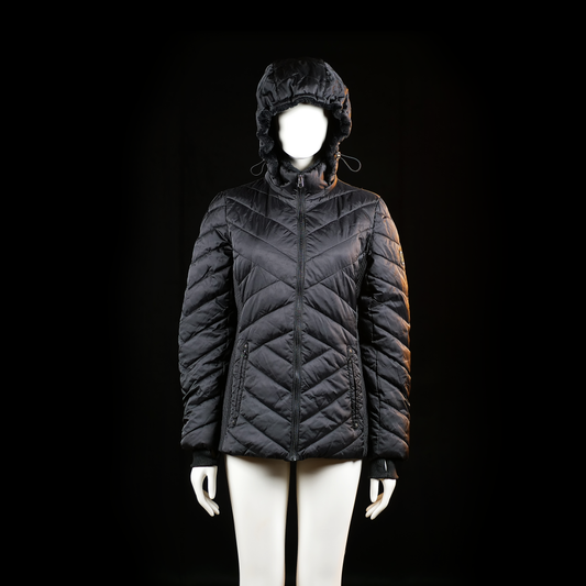Nautica - Padded jacket - Black - Size L - Quilted jacket with chevron stitching pattern, front zip closure, and attached hood with adjustable drawstrings. Features ribbed inner cuffs and zippered side pockets.