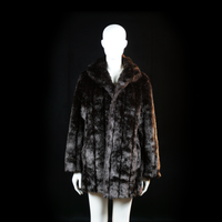 Fur jacket - Black & Dark Brown - Size 38 - Hip-length jacket with a dense, glossy faux fur texture and vertical panel detailing. Features a wide notched collar and long sleeves.